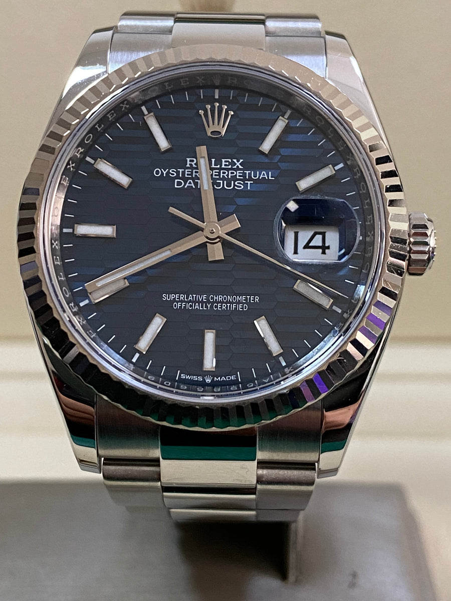 Rolex Steel Datejust 36 - 2022 - Fluted Bezel - Bright Blue Fluted-Motif Dial - Oyster Bracelet - 126234