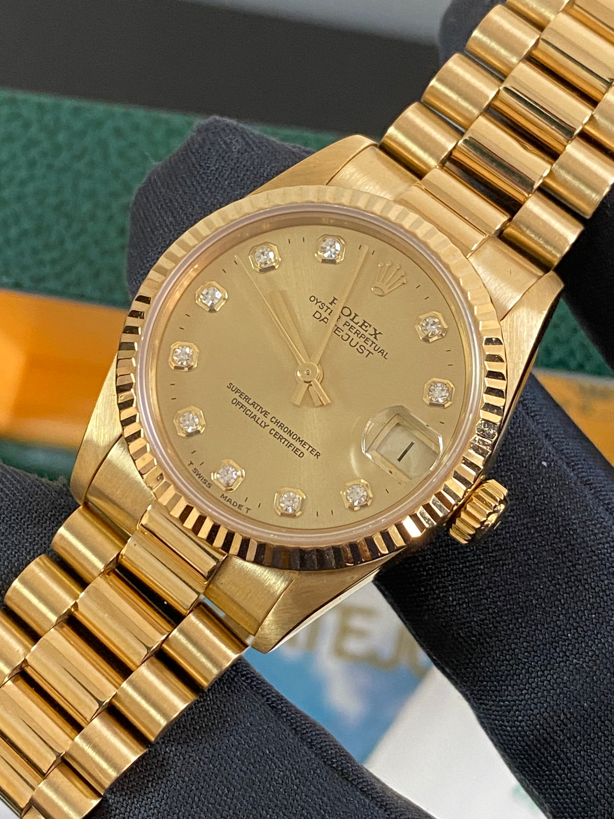 Rolex Yellow Gold Datejust 31 - W serial - Fluted Bezel - Factory Diamond Dial - President Bracelet - 68278