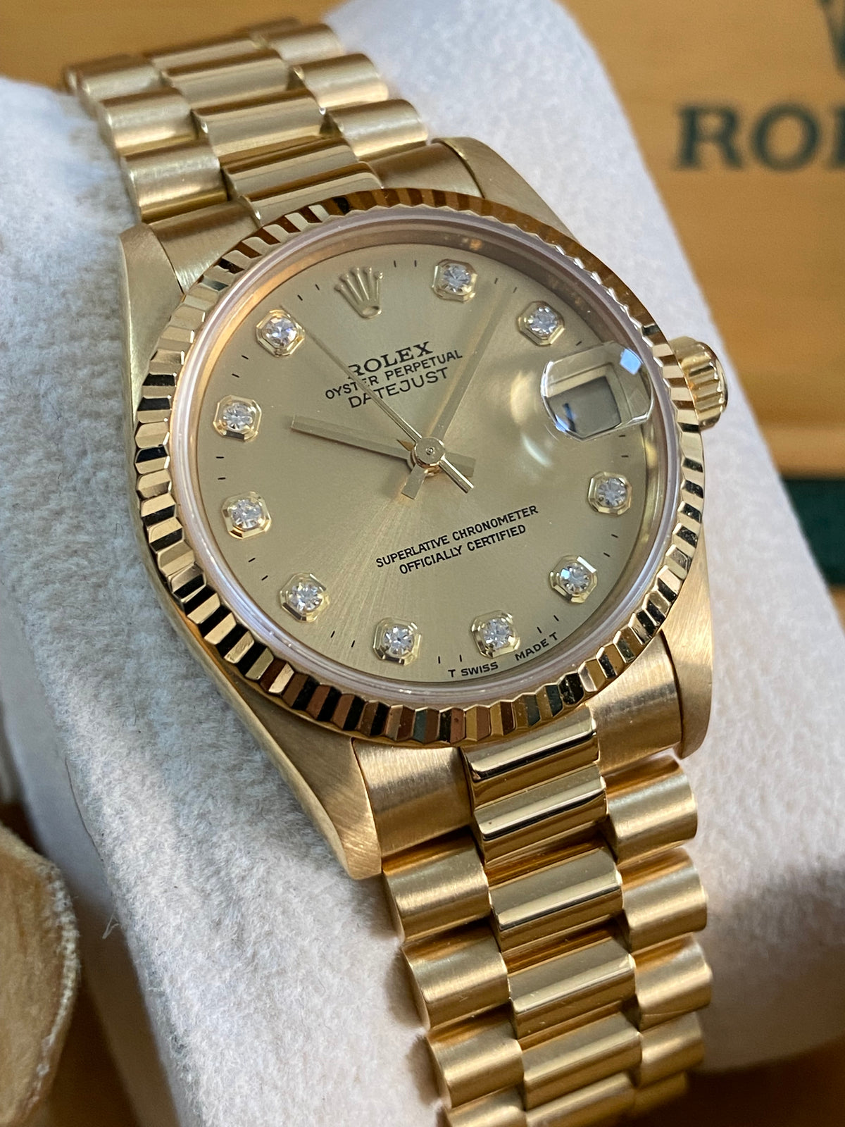 Rolex Yellow Gold Datejust 31 - W serial - Fluted Bezel - Factory Diamond Dial - President Bracelet - 68278