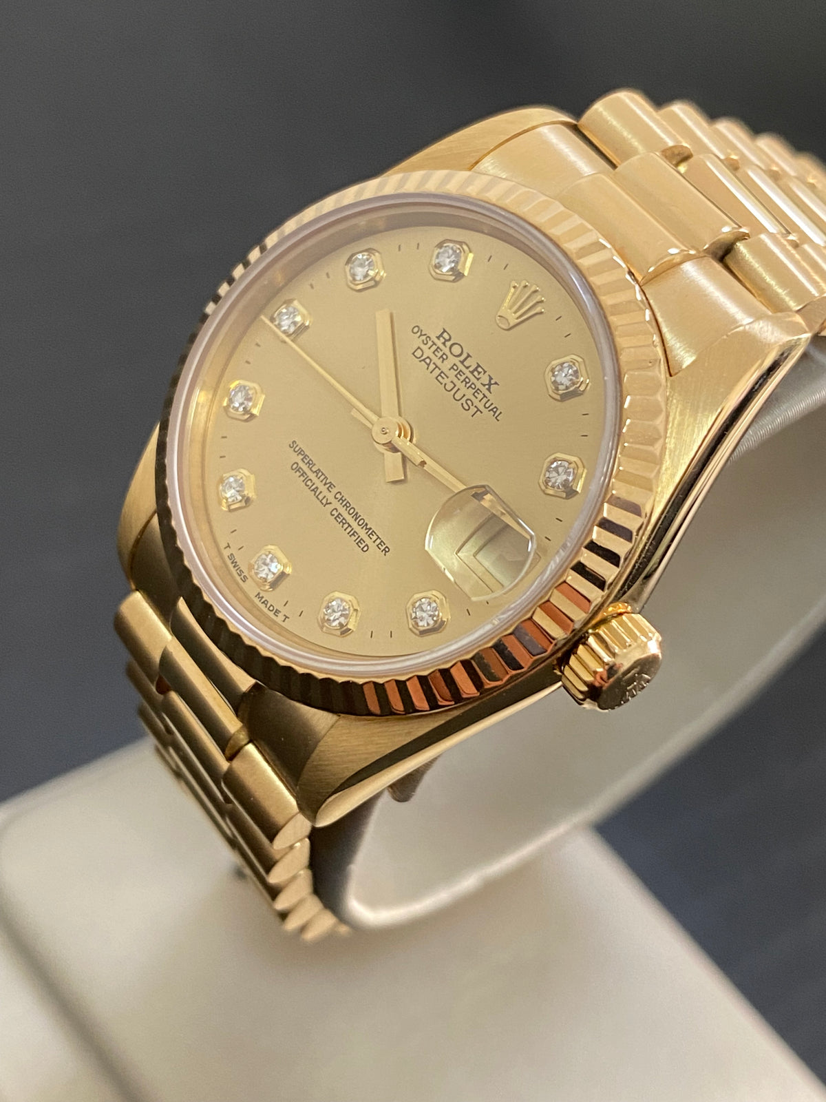 Rolex Yellow Gold Datejust 31 - W serial - Fluted Bezel - Factory Diamond Dial - President Bracelet - 68278