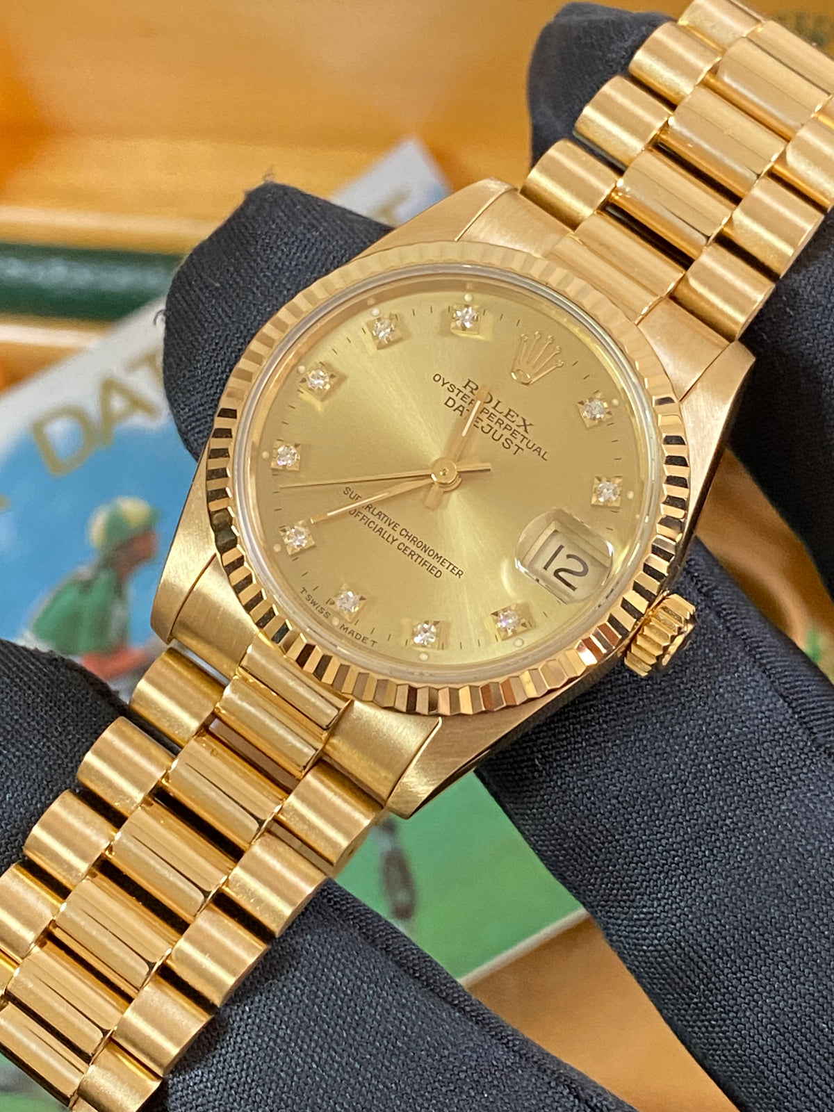 Rolex Yellow Gold Datejust 31 - N serial - Fluted Bezel - Factory Diamond Dial - President Bracelet - 68278