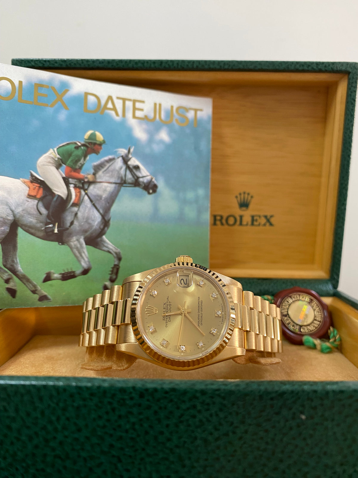 Rolex Yellow Gold Datejust 31 - N serial - Fluted Bezel - Factory Diamond Dial - President Bracelet - 68278