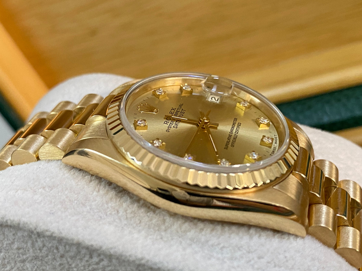 Rolex Yellow Gold Datejust 31 - N serial - Fluted Bezel - Factory Diamond Dial - President Bracelet - 68278