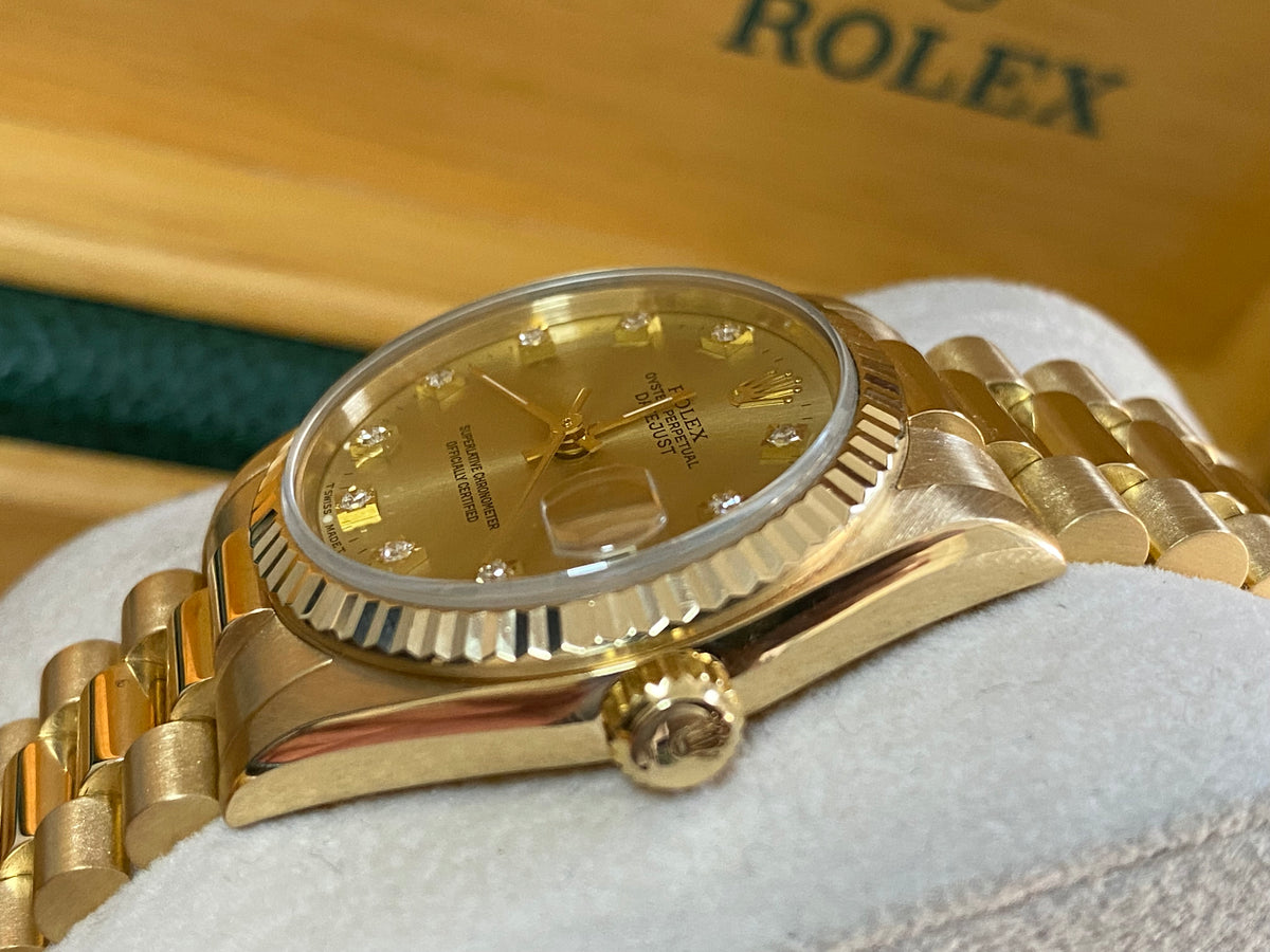 Rolex Yellow Gold Datejust 31 - N serial - Fluted Bezel - Factory Diamond Dial - President Bracelet - 68278