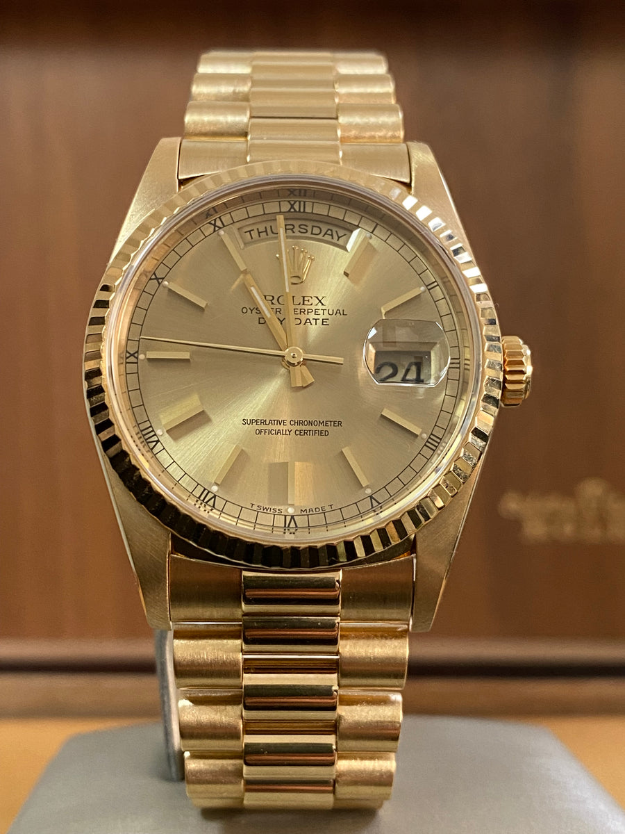 Rolex Yellow Gold Day-Date 36 - W serial - Fluted Bezel - Champagne Index Dial - Double Quickset - President Bracelet - 18238