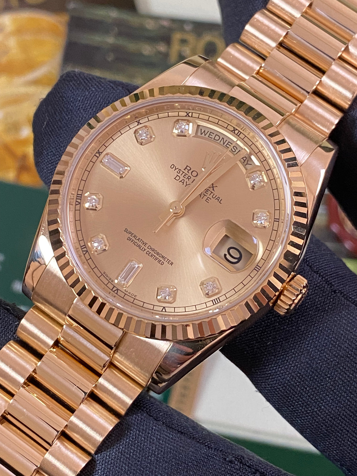 Rolex Yellow Gold Day-Date 36 - 2007 - Fluted Bezel - Factory Diamond Dial - President Bracelet - 118238 *FULL SET*