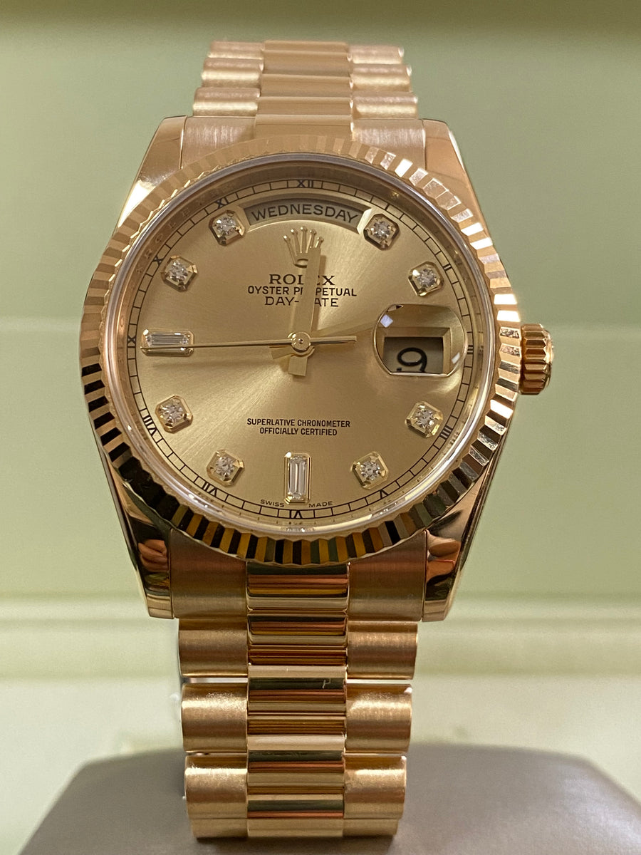 Rolex Yellow Gold Day-Date 36 - 2007 - Fluted Bezel - Factory Diamond Dial - President Bracelet - 118238 *FULL SET*