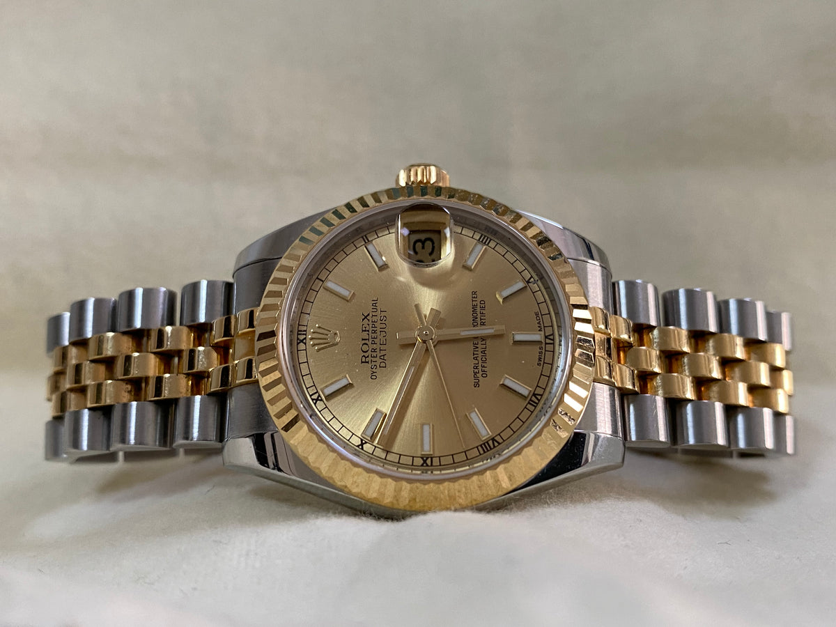 Rolex Yellow Gold Rolesor Datejust 31 - 2014 - Fluted Bezel - Champagne Index Dial - Jubilee Bracelet - 178273 *FULL SET*