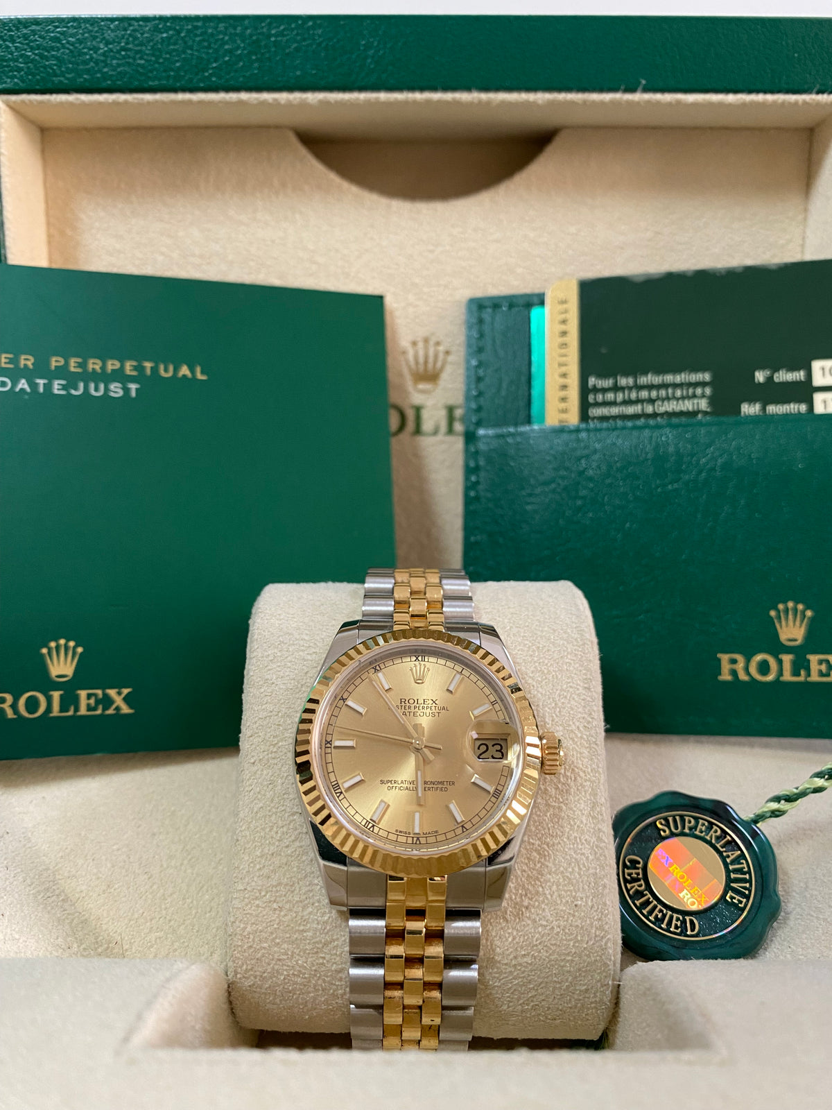 Rolex Yellow Gold Rolesor Datejust 31 - 2014 - Fluted Bezel - Champagne Index Dial - Jubilee Bracelet - 178273 *FULL SET*