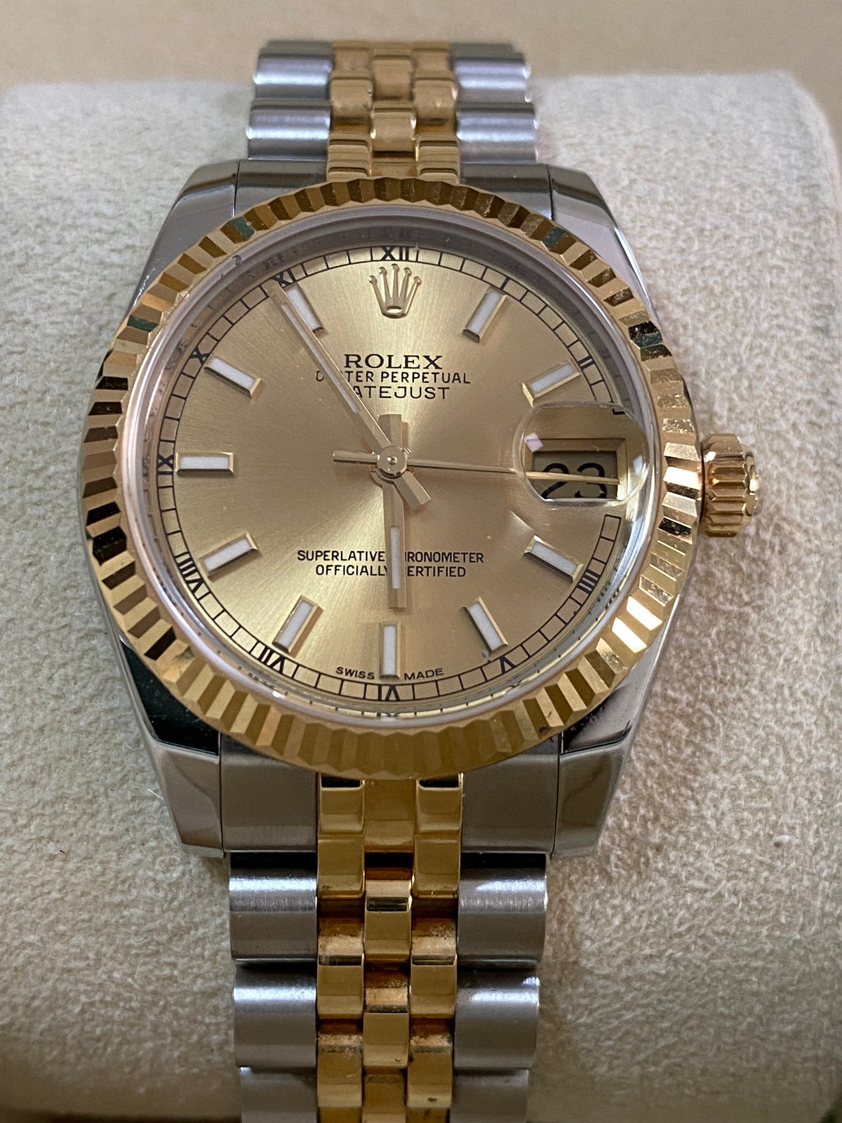 Rolex Yellow Gold Rolesor Datejust 31 - 2014 - Fluted Bezel - Champagne Index Dial - Jubilee Bracelet - 178273 *FULL SET*