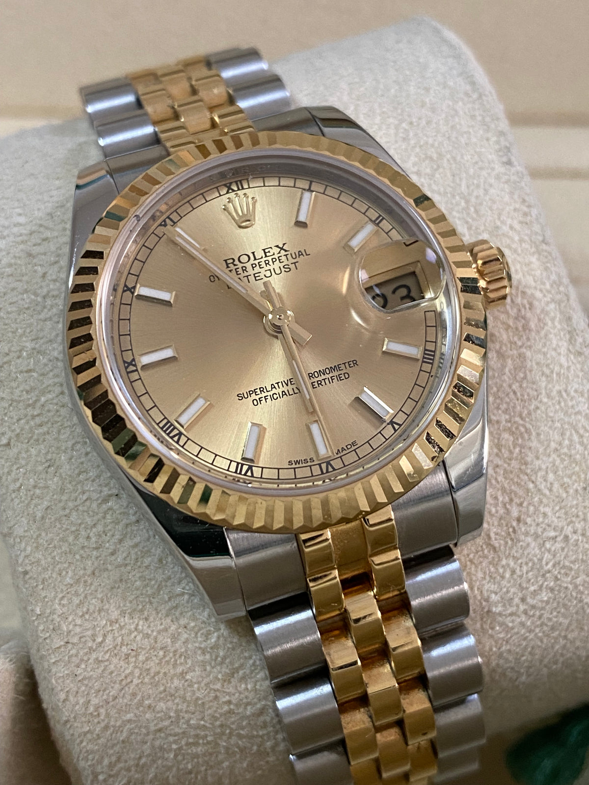 Rolex Yellow Gold Rolesor Datejust 31 - 2014 - Fluted Bezel - Champagne Index Dial - Jubilee Bracelet - 178273 *FULL SET*