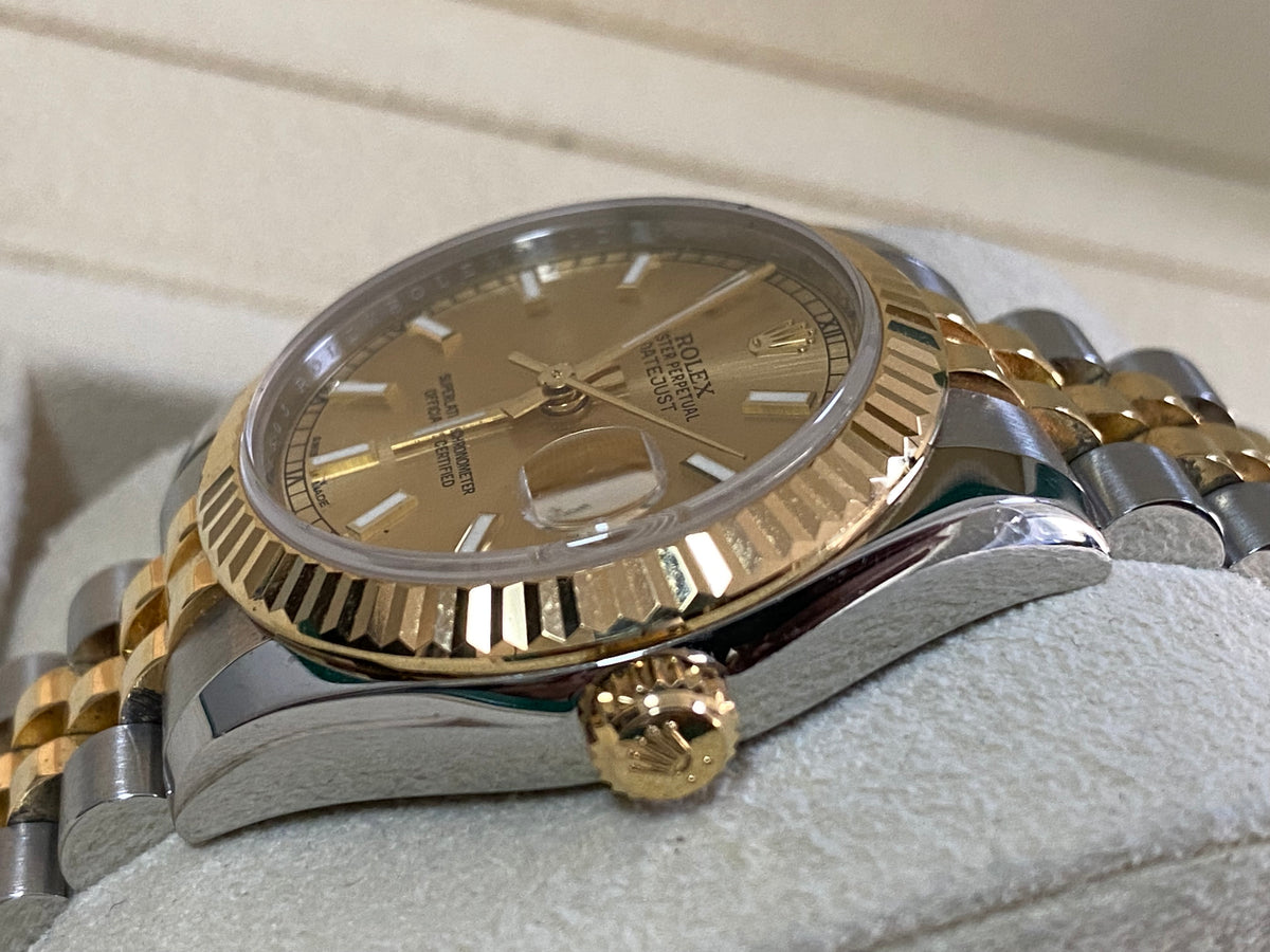 Rolex Yellow Gold Rolesor Datejust 31 - 2014 - Fluted Bezel - Champagne Index Dial - Jubilee Bracelet - 178273 *FULL SET*