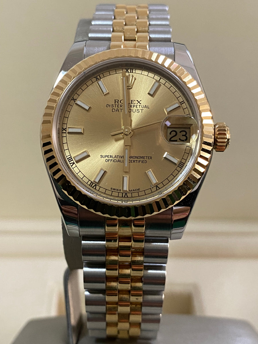 Rolex Yellow Gold Rolesor Datejust 31 - 2014 - Fluted Bezel - Champagne Index Dial - Jubilee Bracelet - 178273 *FULL SET*