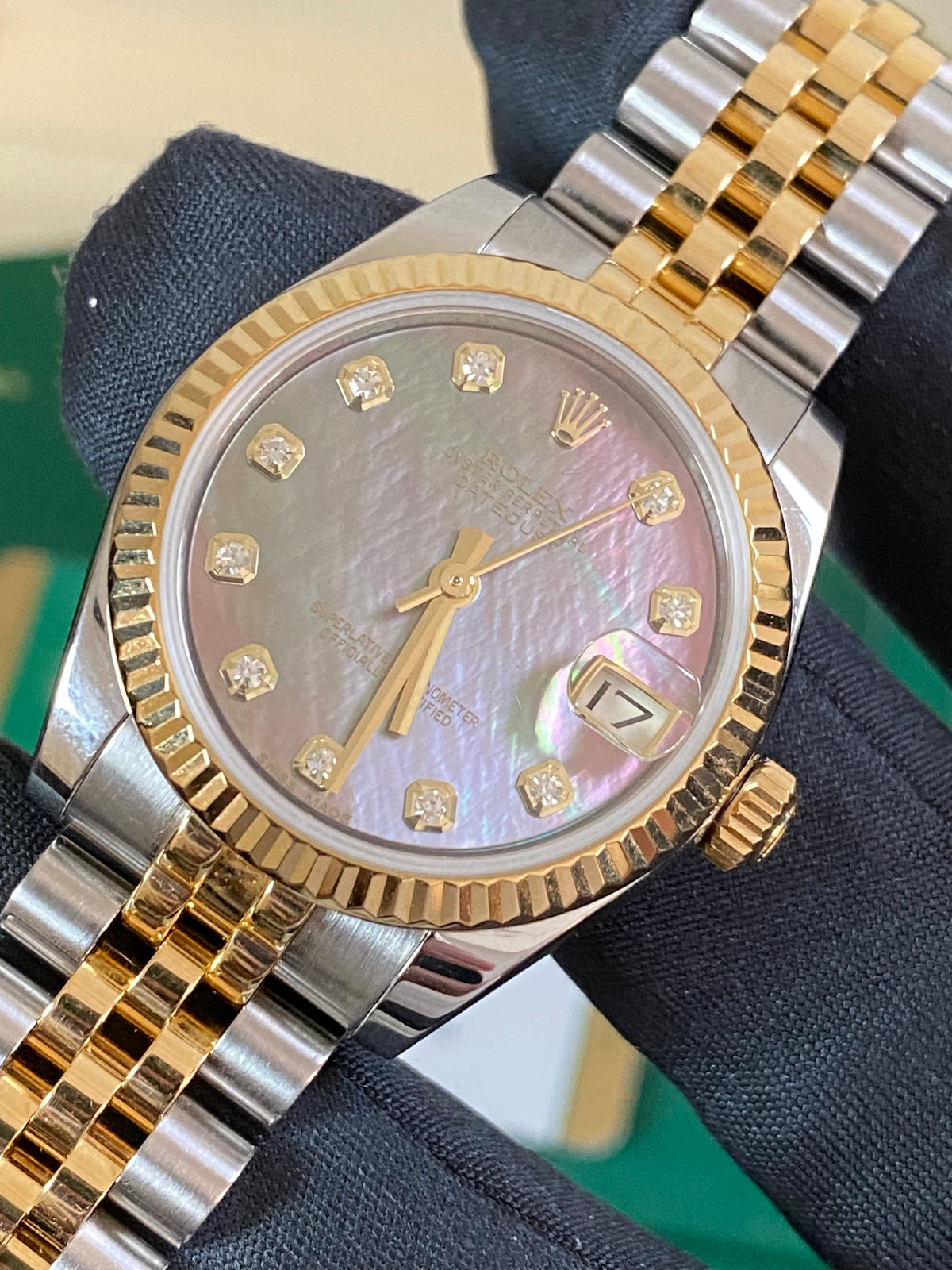 Rolex Yellow Gold Rolesor Datejust 31 - 2015 - Fluted Bezel - Black Mother of Pearl Diamond Dial - Jubilee Bracelet - 178273 *FULL SET*