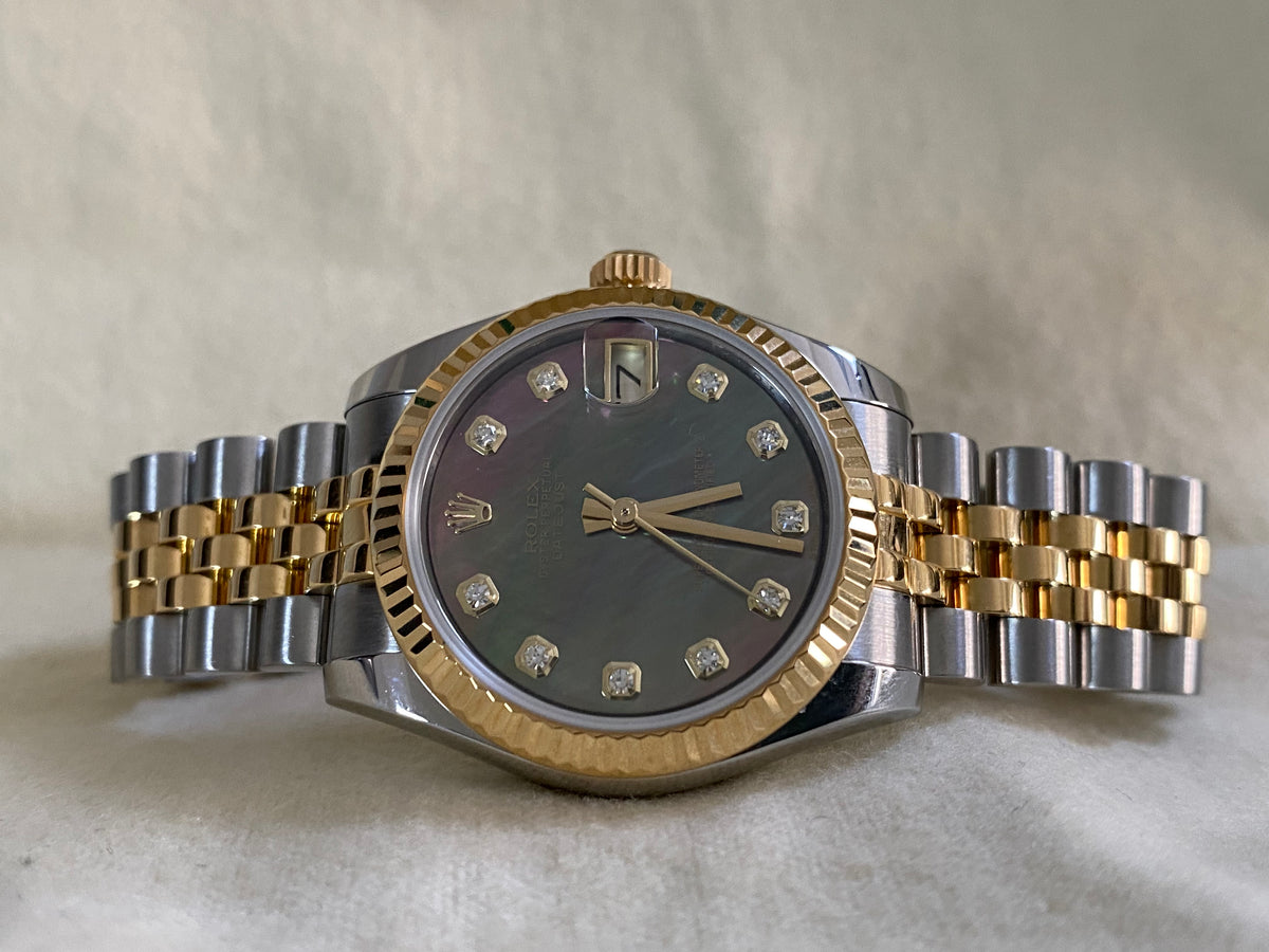 Rolex Yellow Gold Rolesor Datejust 31 - 2015 - Fluted Bezel - Black Mother of Pearl Diamond Dial - Jubilee Bracelet - 178273 *FULL SET*