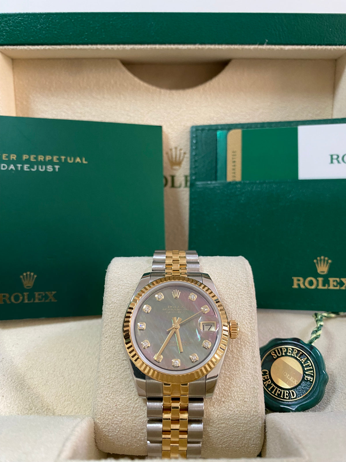 Rolex Yellow Gold Rolesor Datejust 31 - 2015 - Fluted Bezel - Black Mother of Pearl Diamond Dial - Jubilee Bracelet - 178273 *FULL SET*