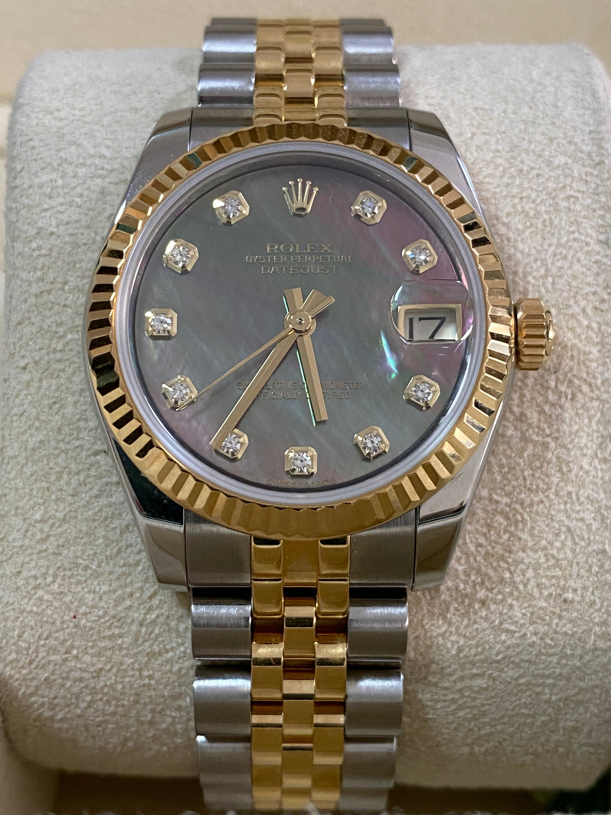 Rolex Yellow Gold Rolesor Datejust 31 - 2015 - Fluted Bezel - Black Mother of Pearl Diamond Dial - Jubilee Bracelet - 178273 *FULL SET*