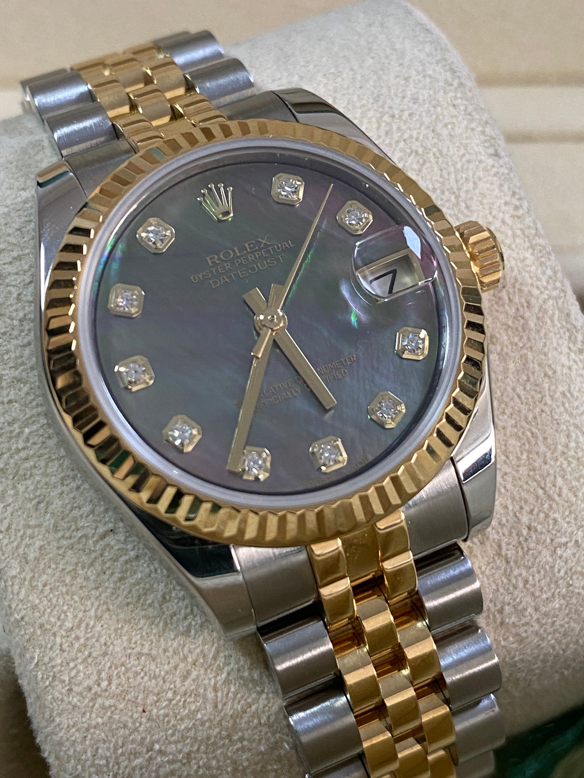 Rolex Yellow Gold Rolesor Datejust 31 - 2015 - Fluted Bezel - Black Mother of Pearl Diamond Dial - Jubilee Bracelet - 178273 *FULL SET*