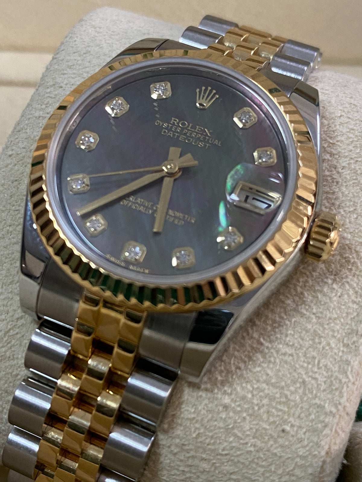 Rolex Yellow Gold Rolesor Datejust 31 - 2015 - Fluted Bezel - Black Mother of Pearl Diamond Dial - Jubilee Bracelet - 178273 *FULL SET*