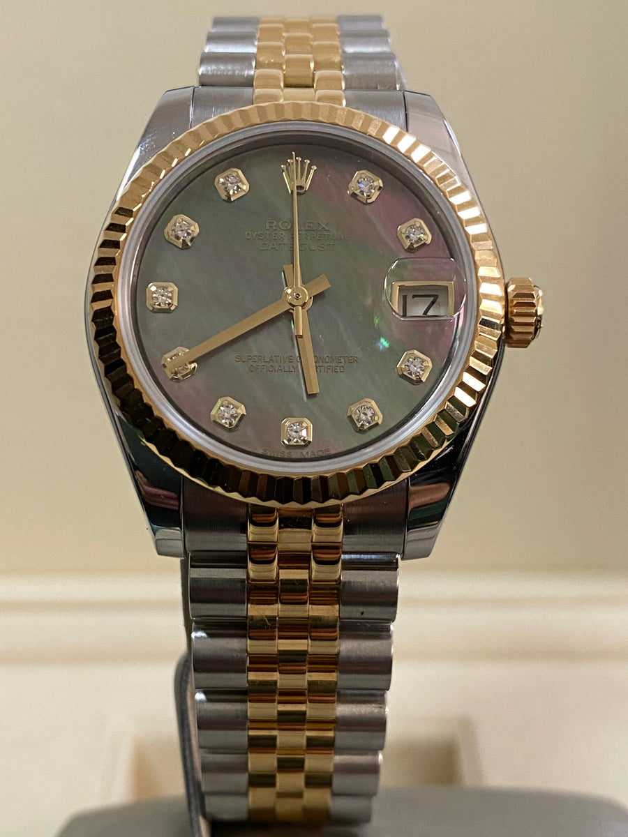 Rolex Yellow Gold Rolesor Datejust 31 - 2015 - Fluted Bezel - Black Mother of Pearl Diamond Dial - Jubilee Bracelet - 178273 *FULL SET*