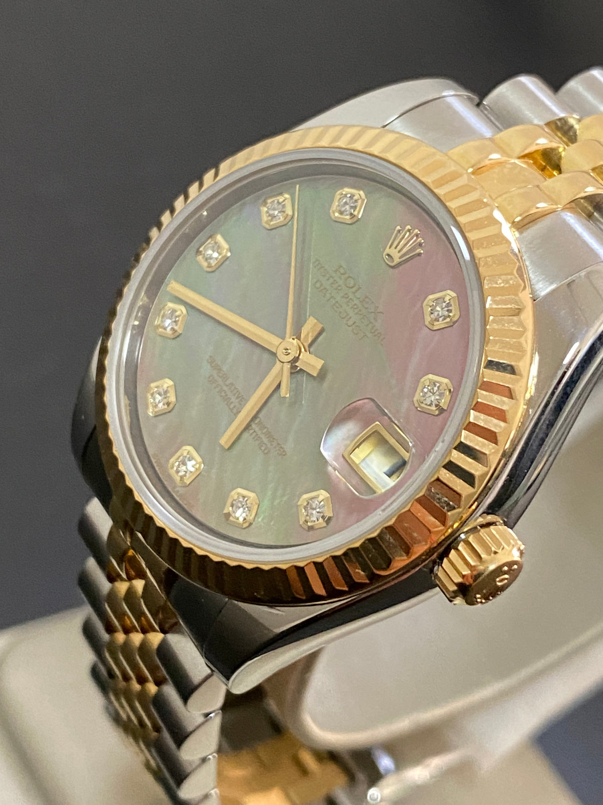 Rolex Yellow Gold Rolesor Datejust 31 - 2015 - Fluted Bezel - Black Mother of Pearl Diamond Dial - Jubilee Bracelet - 178273 *FULL SET*