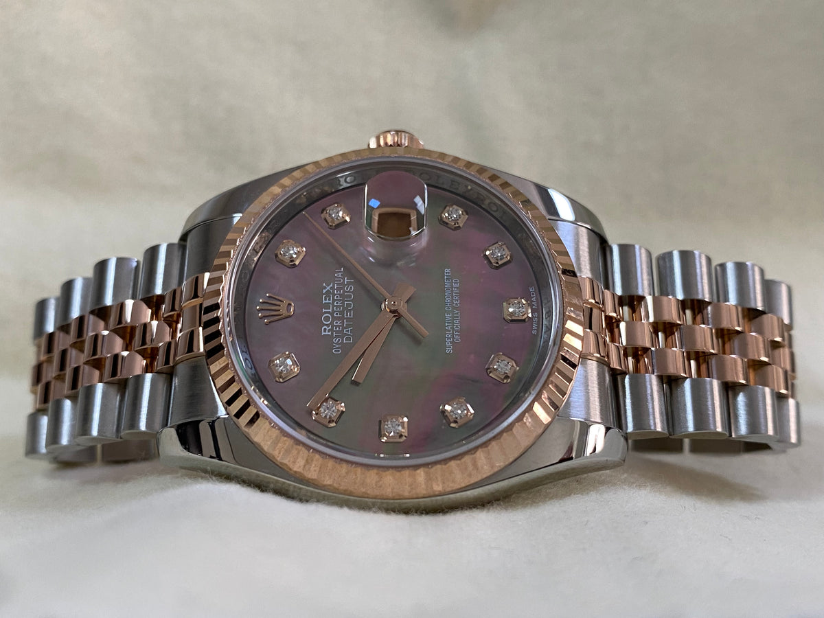 Rolex Steel and Everose Gold Datejust 36 - 2016 - Fluted Bezel - Tahitian Mother of Pearl Diamond Dial - Jubilee Bracelet - 116231 *FULL SET*