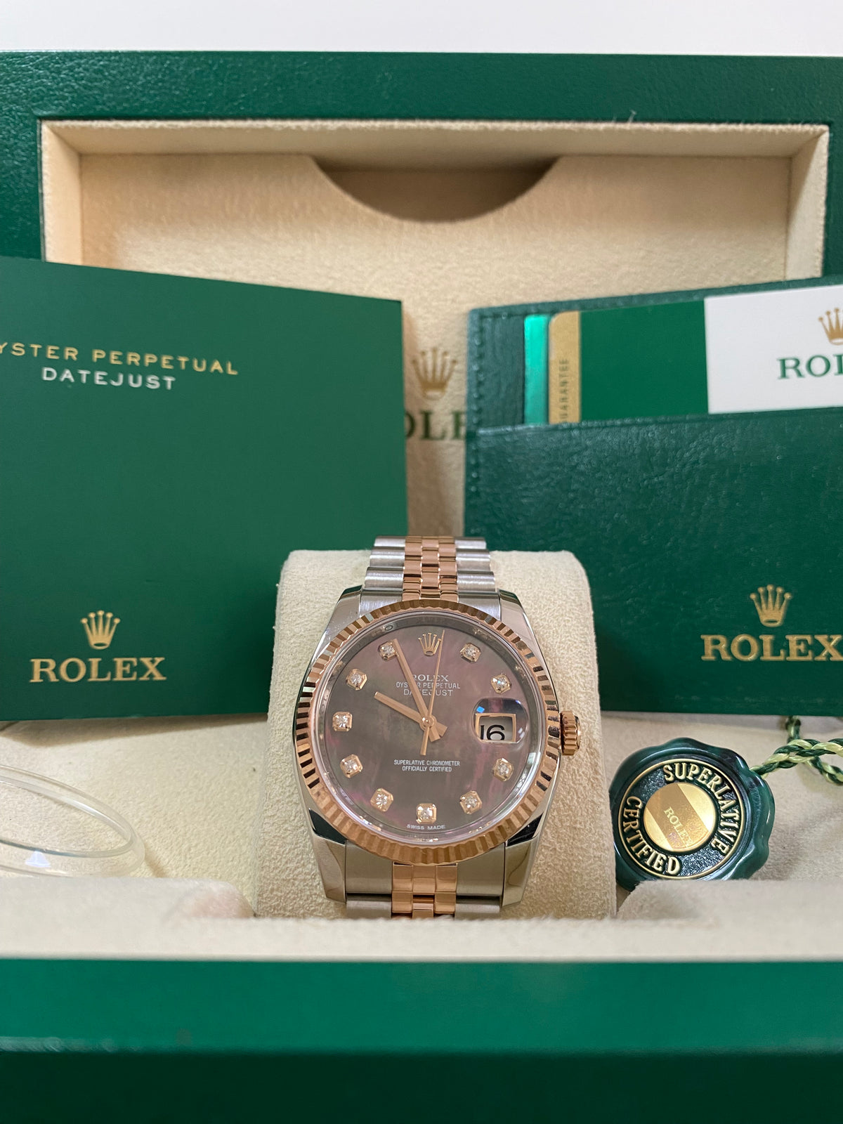 Rolex Steel and Everose Gold Datejust 36 - 2016 - Fluted Bezel - Tahitian Mother of Pearl Diamond Dial - Jubilee Bracelet - 116231 *FULL SET*