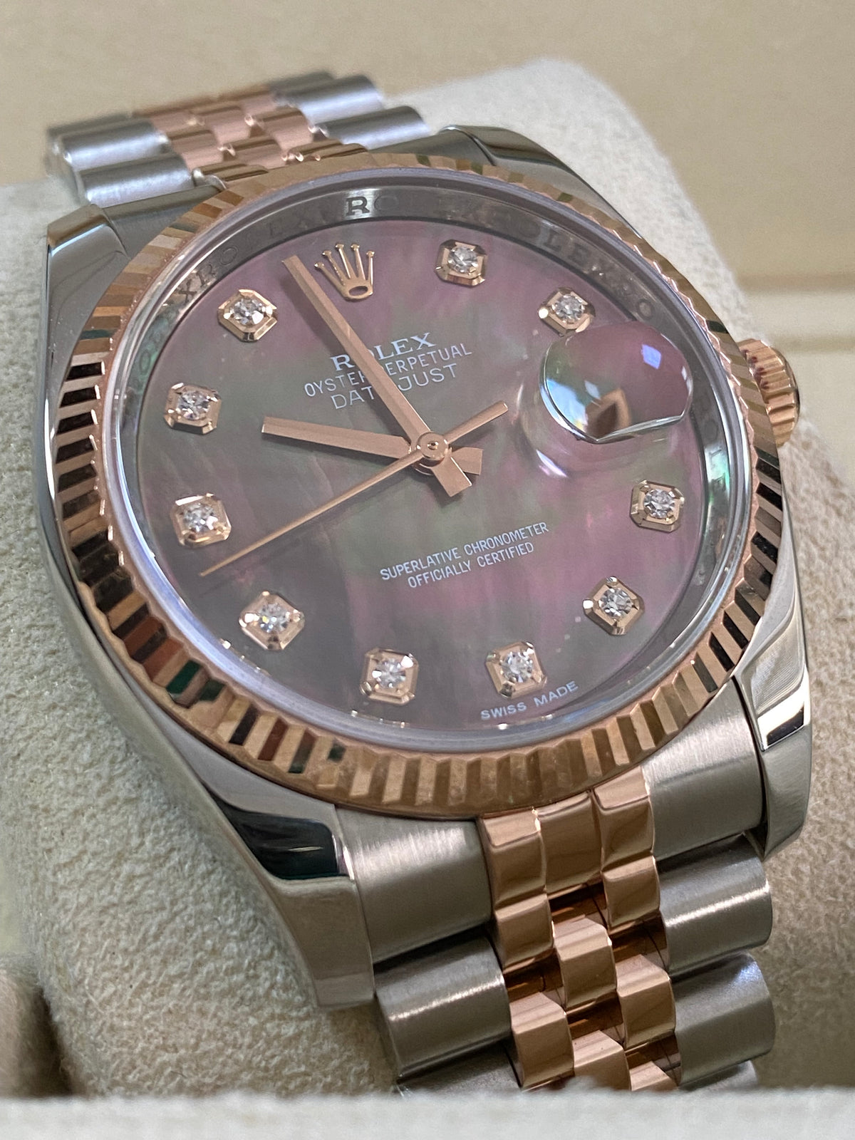 Rolex Steel and Everose Gold Datejust 36 - 2016 - Fluted Bezel - Tahitian Mother of Pearl Diamond Dial - Jubilee Bracelet - 116231 *FULL SET*