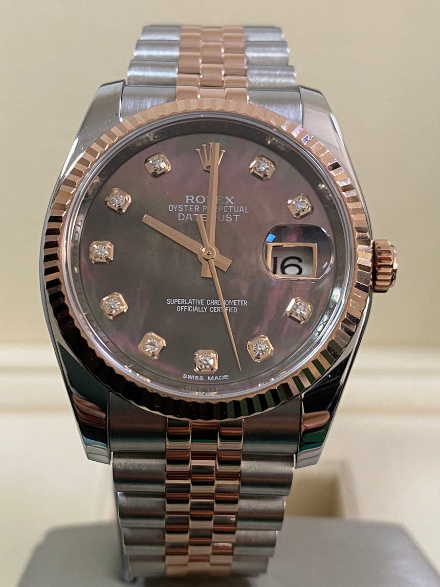 Rolex Steel and Everose Gold Datejust 36 - 2016 - Fluted Bezel - Tahitian Mother of Pearl Diamond Dial - Jubilee Bracelet - 116231 *FULL SET*