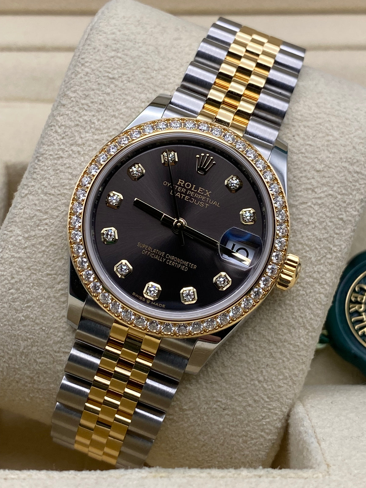 Rolex Steel and Yellow Gold Datejust 31 - 2023 - Diamond Bezel - Dark Grey Diamond Dial - Jubilee Bracelet - 278383RBR