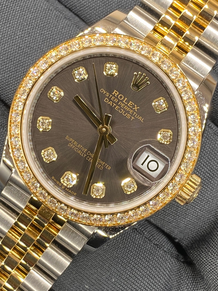 Rolex Steel and Yellow Gold Datejust 31 - 2023 - Diamond Bezel - Dark Grey Diamond Dial - Jubilee Bracelet - 278383RBR