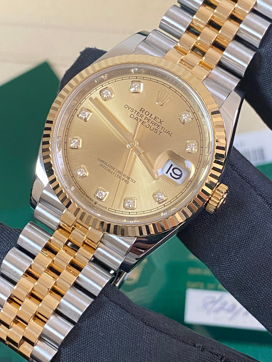 Rolex Yellow Gold Rolesor Datejust 36 - 2020 - Factory Diamond Dial - Jubilee Bracelet - 126233 *FULL SET*