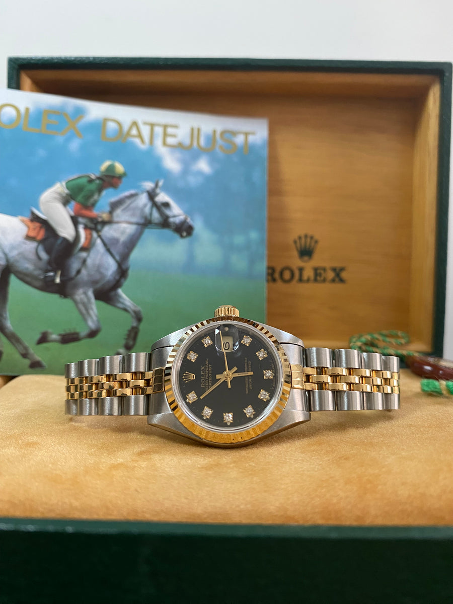 Rolex Steel and Yellow Gold Lady-Datejust - Fluted Bezel - Black Diamond Dial - Jubilee Bracelet - 69173