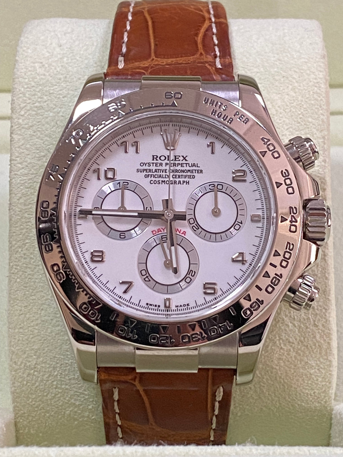 Rolex White Gold Cosmograph Daytona - White Dial - Brown Leather Strap - 116519