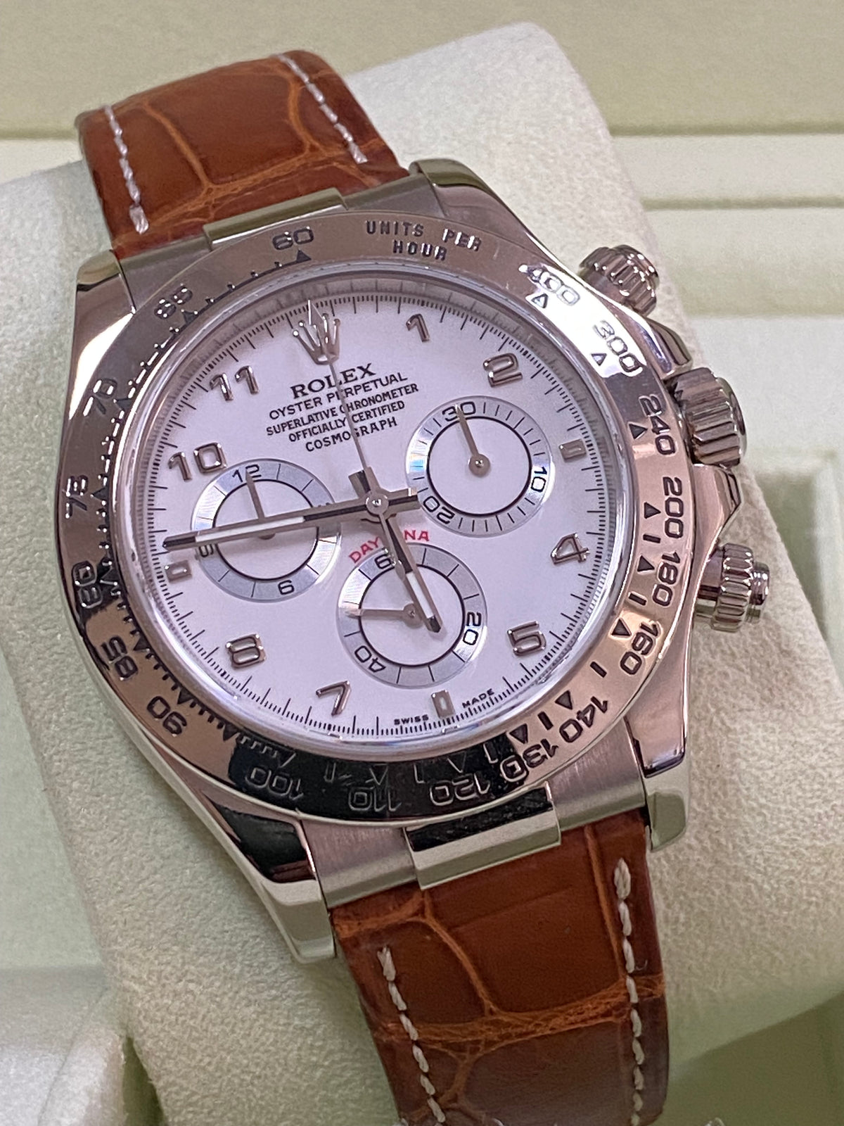 Rolex White Gold Cosmograph Daytona - White Dial - Brown Leather Strap - 116519