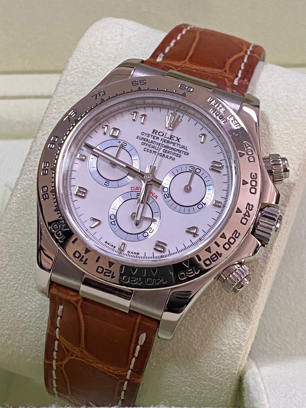 Rolex White Gold Cosmograph Daytona - White Dial - Brown Leather Strap - 116519