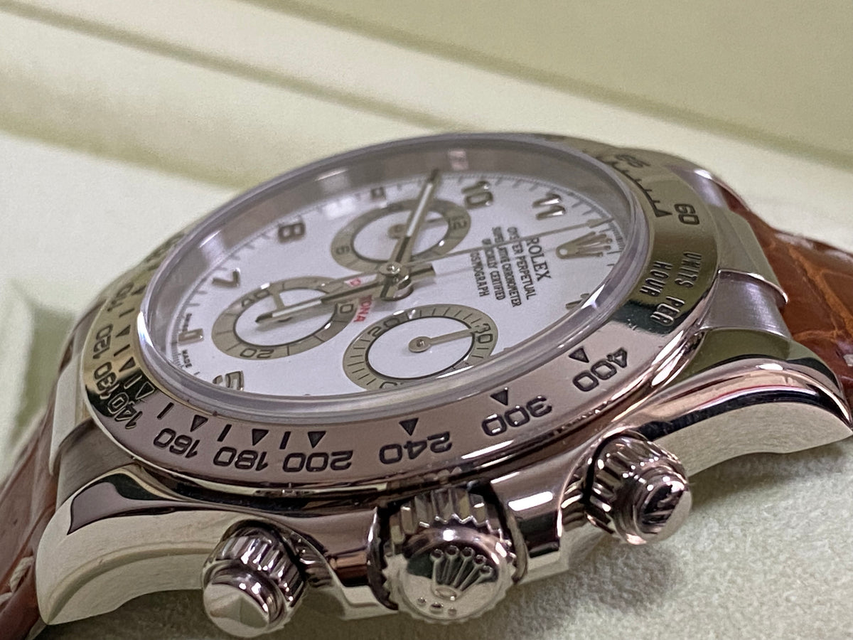 Rolex White Gold Cosmograph Daytona - White Dial - Brown Leather Strap - 116519