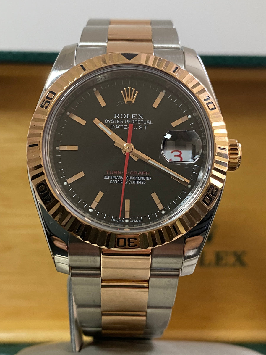 Rolex Steel and Everose Gold Datejust 36 Turn-O-Graph - 2005 - Fluted Bezel - Black Index Dial - Oyster Bracelet - 116261 *FULL SET*