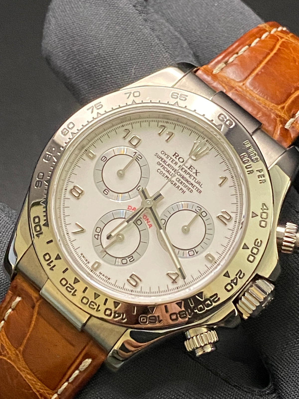 Rolex White Gold Cosmograph Daytona - White Dial - Brown Leather Strap - 116519