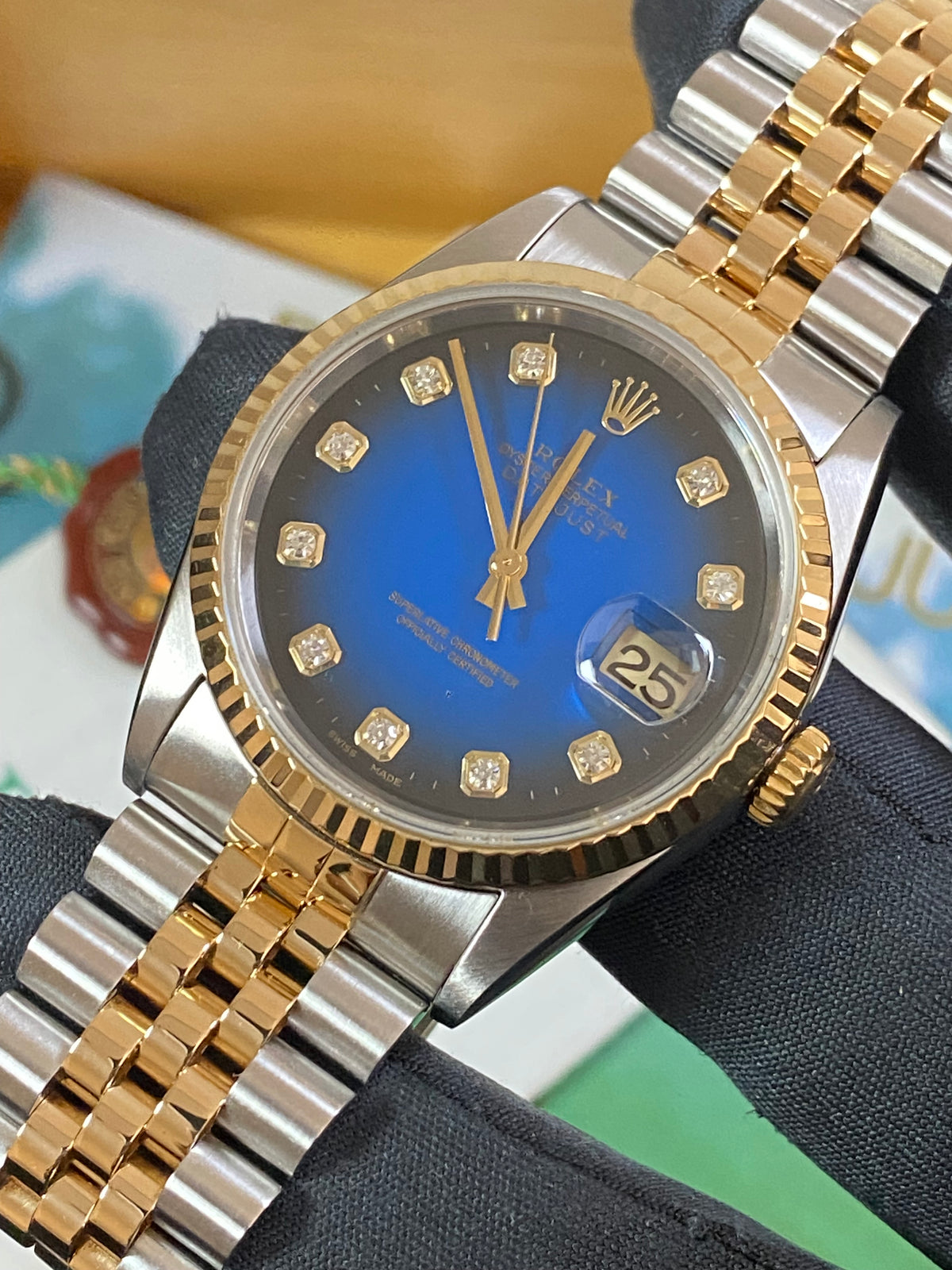 Rolex Steel and Yellow Gold Datejust 36 - T serial - Fluted Bezel - Blue Vignette Diamond Dial - Jubilee Bracelet - 16233 *COMPLETE SET*