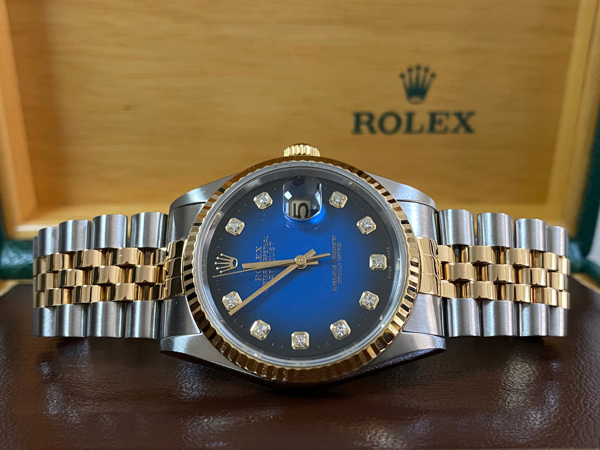 Rolex Steel and Yellow Gold Datejust 36 - T serial - Fluted Bezel - Blue Vignette Diamond Dial - Jubilee Bracelet - 16233 *COMPLETE SET*