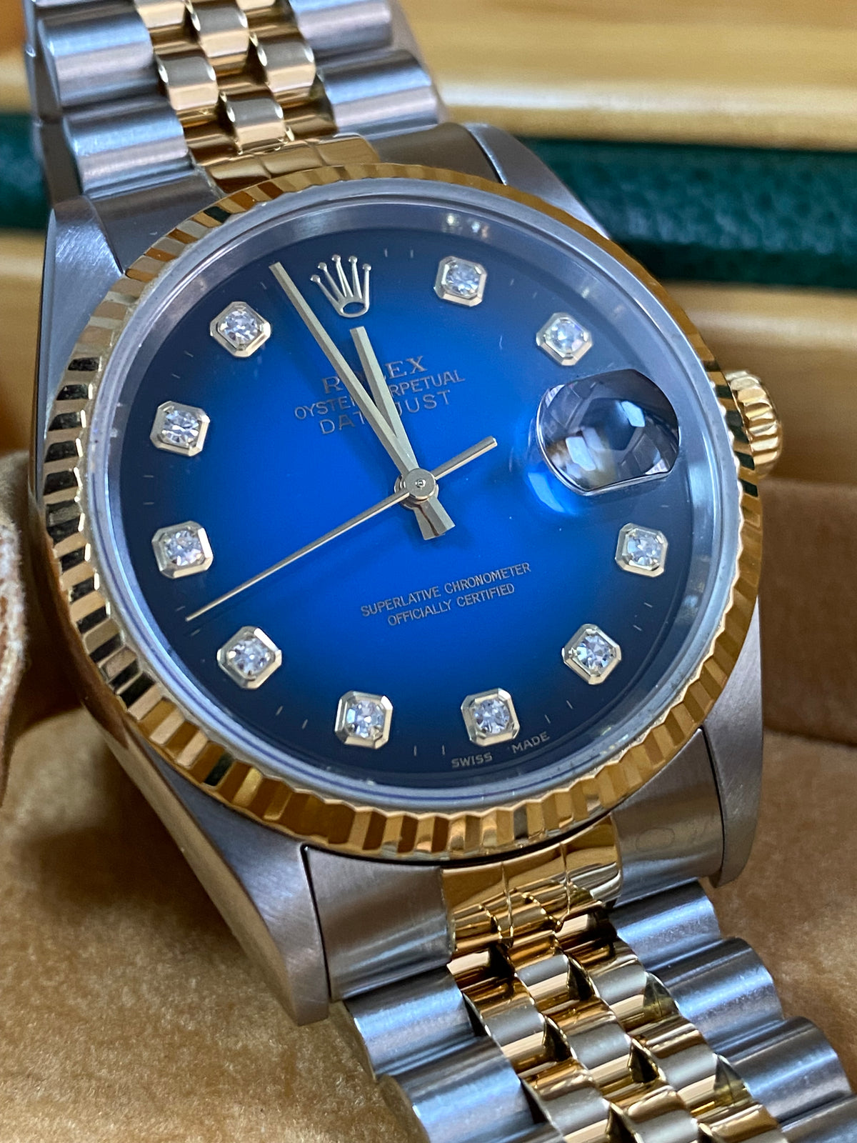 Rolex Steel and Yellow Gold Datejust 36 - T serial - Fluted Bezel - Blue Vignette Diamond Dial - Jubilee Bracelet - 16233 *COMPLETE SET*