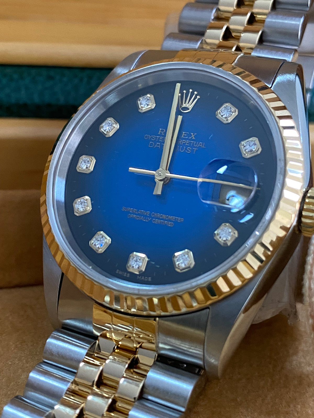 Rolex Steel and Yellow Gold Datejust 36 - T serial - Fluted Bezel - Blue Vignette Diamond Dial - Jubilee Bracelet - 16233 *COMPLETE SET*