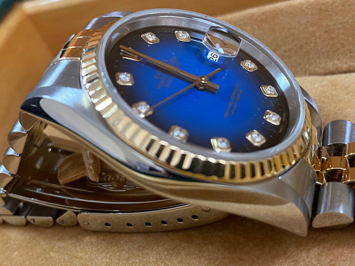 Rolex Steel and Yellow Gold Datejust 36 - T serial - Fluted Bezel - Blue Vignette Diamond Dial - Jubilee Bracelet - 16233 *COMPLETE SET*