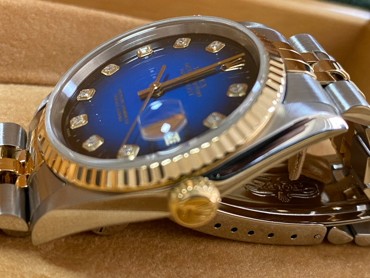 Rolex Steel and Yellow Gold Datejust 36 - T serial - Fluted Bezel - Blue Vignette Diamond Dial - Jubilee Bracelet - 16233 *COMPLETE SET*