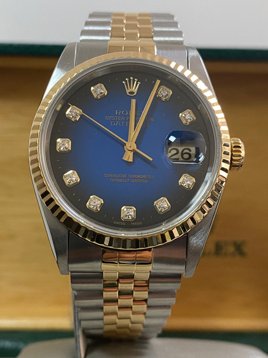 Rolex Steel and Yellow Gold Datejust 36 - T serial - Fluted Bezel - Blue Vignette Diamond Dial - Jubilee Bracelet - 16233 *COMPLETE SET*