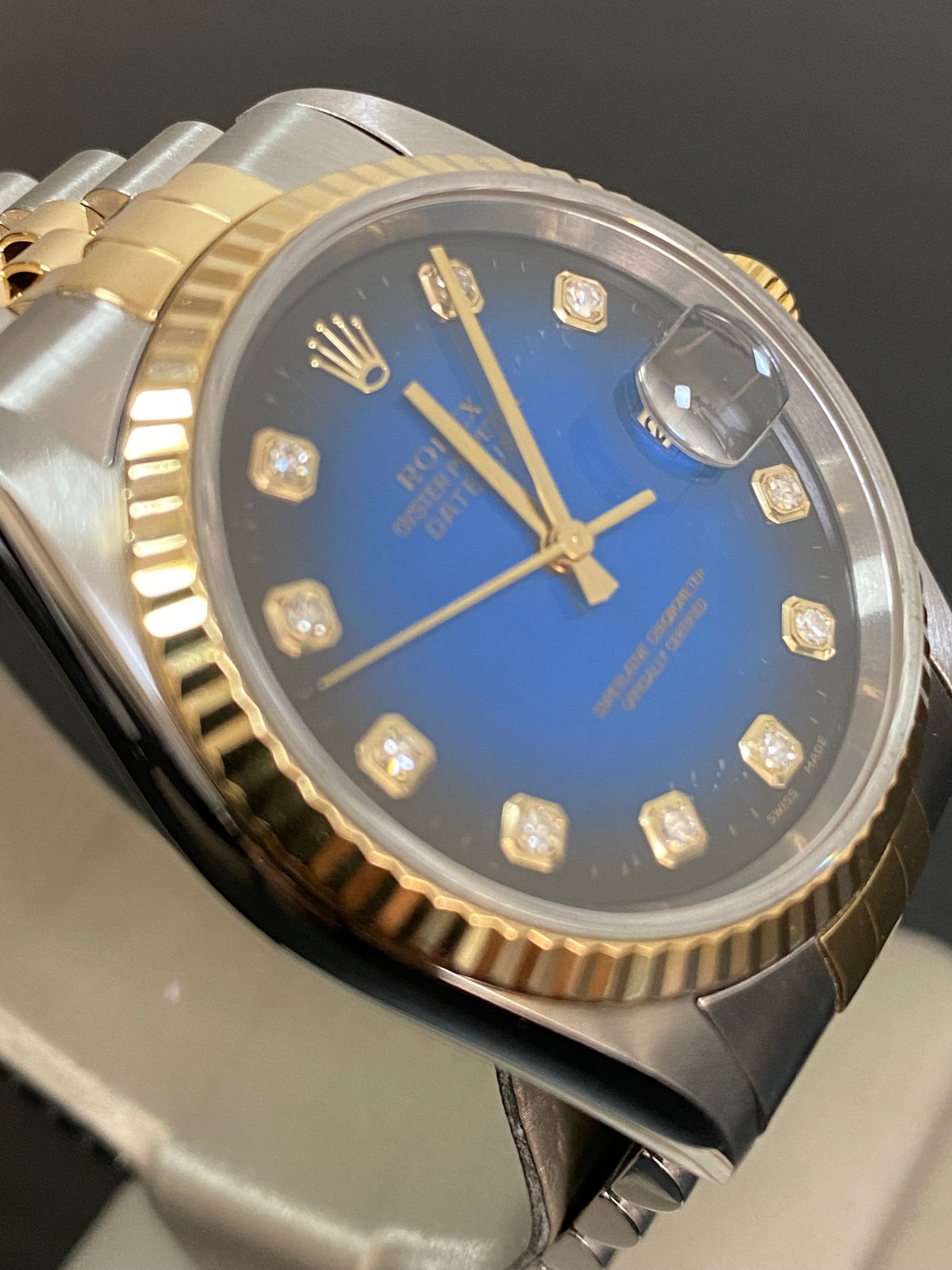 Rolex Steel and Yellow Gold Datejust 36 - T serial - Fluted Bezel - Blue Vignette Diamond Dial - Jubilee Bracelet - 16233 *COMPLETE SET*