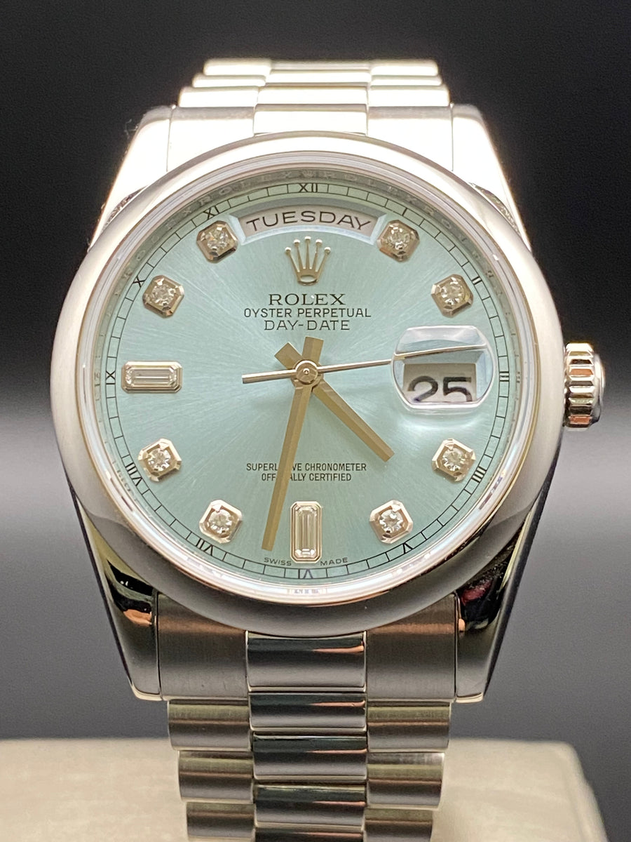 Rolex Platinum Day-Date 36 - M Serial - Domed Bezel - Ice Blue Diamond Dial - President Bracelet - 118206