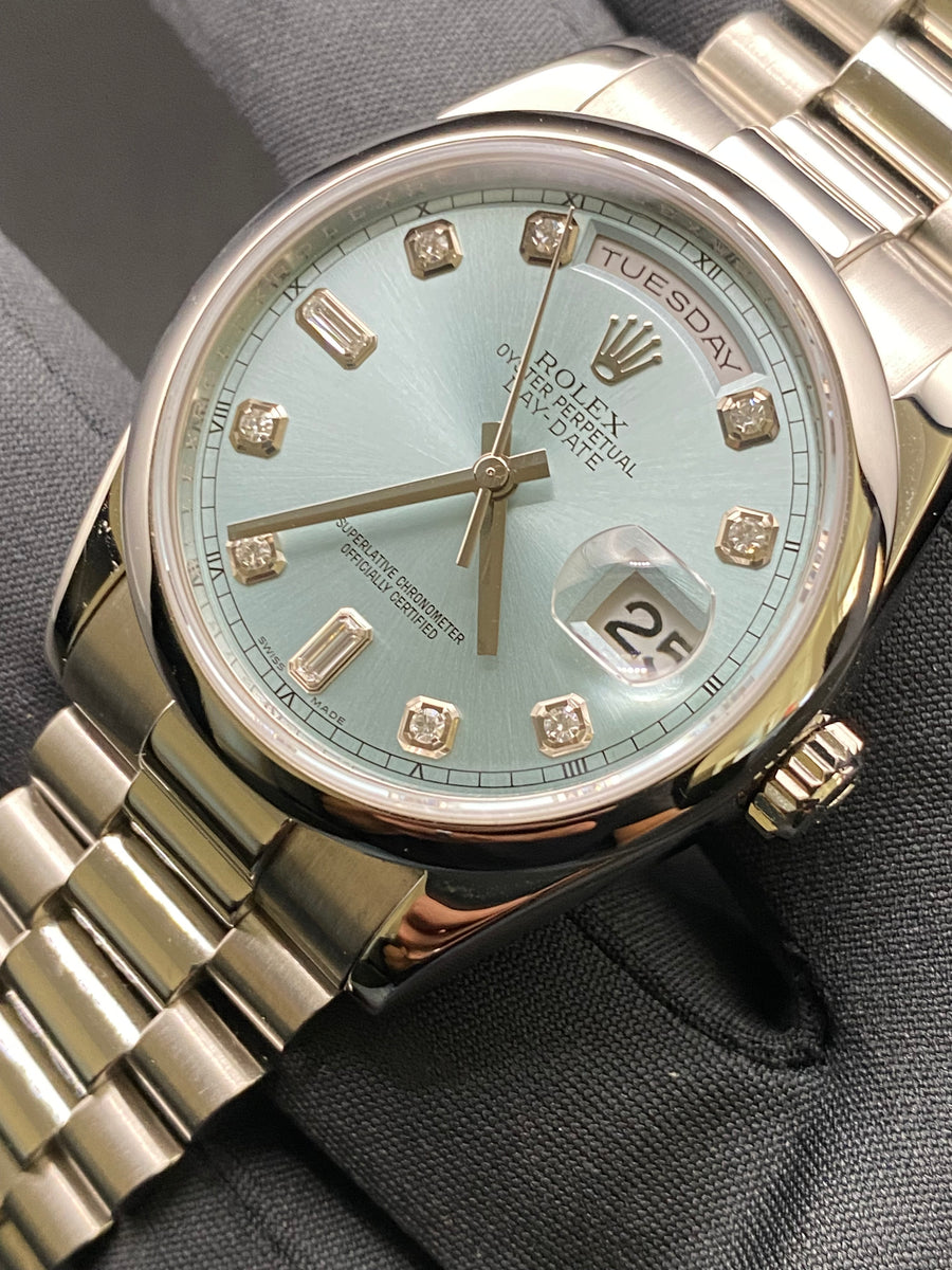 Rolex Platinum Day-Date 36 - M Serial - Domed Bezel - Ice Blue Diamond Dial - President Bracelet - 118206