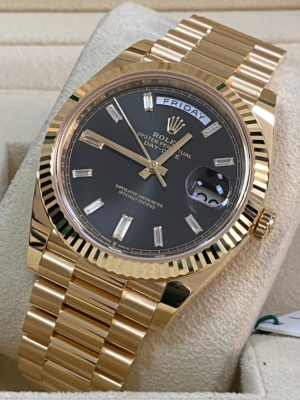 Rolex Yellow Gold Day-Date 40 - 2023 - Fluted Bezel - Black Baguette Diamond Dial - President Bracelet - 228238